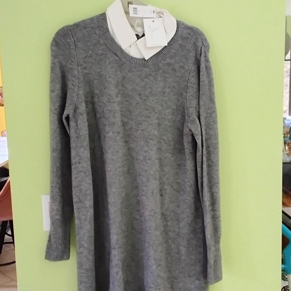 New $398  Joie wool cashmere 37" long white collar trim long sleeve dress